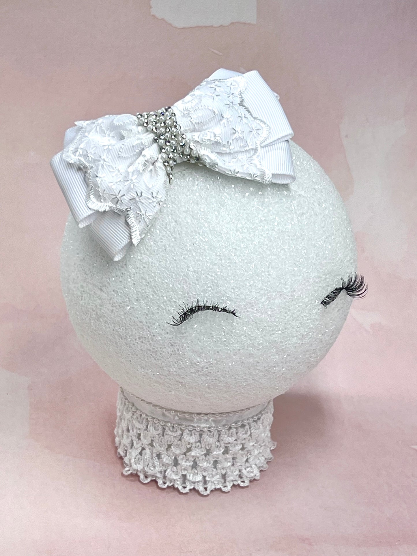 Delicate White Lace and Grosgrain Hair Clips Bow with Rhinestone Center – Wedding Hair Clips.