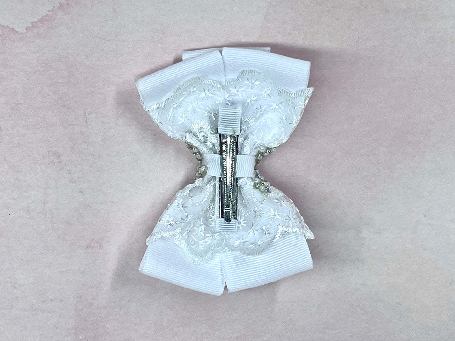 Delicate White Lace and Grosgrain Hair Clips Bow with Rhinestone Center – Wedding Hair Clips.
