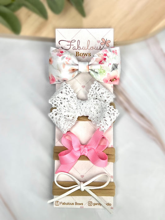 Vintage Floral Baby Headband Set – Delicate Lace and Timeless Ribbon Bows (4-Pack)